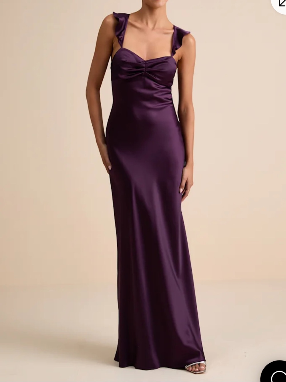 Lulus Elegant Plum Satin Maxi Dress with Ruffled Straps